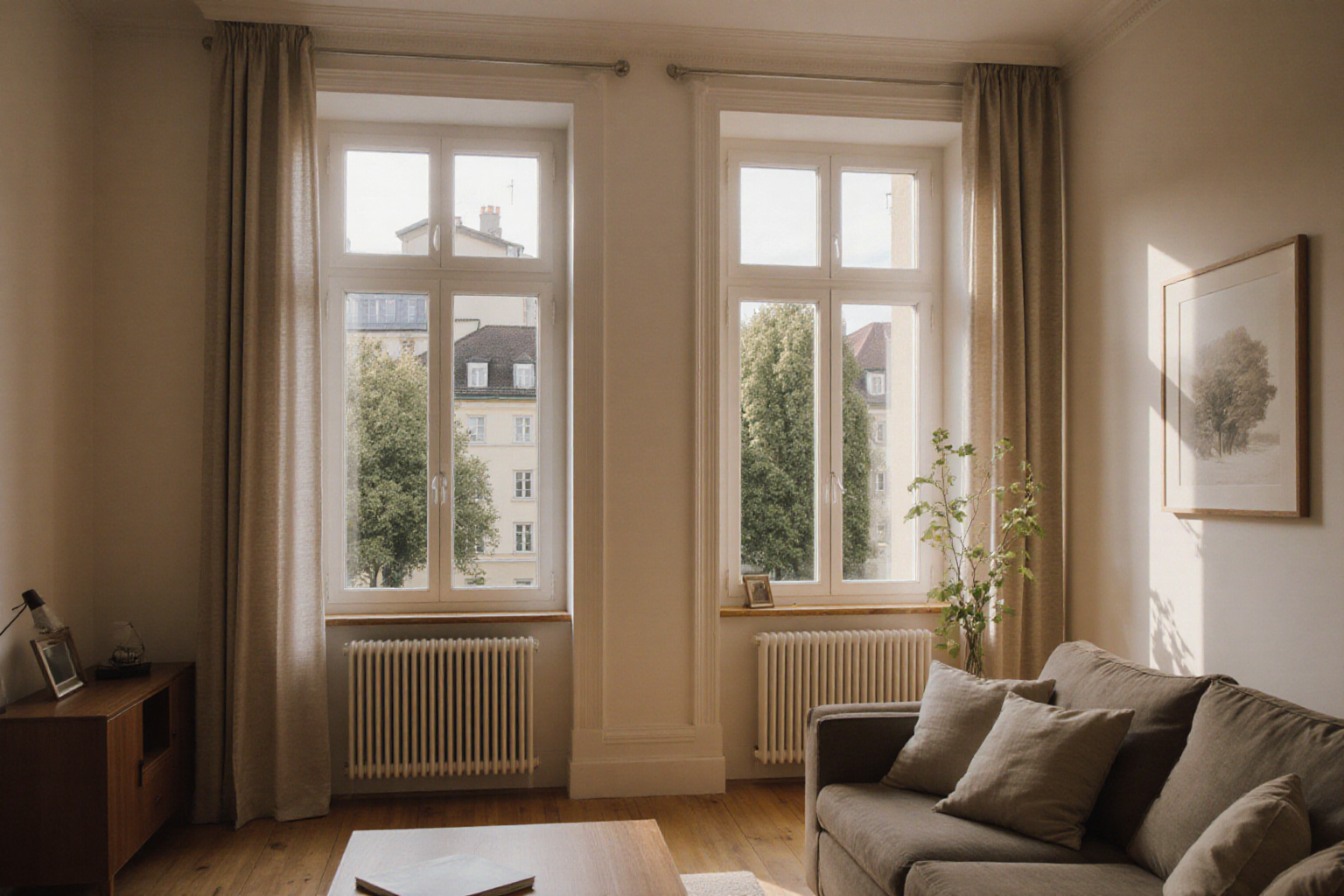 Wohnzimmer mit hohen Fenstern